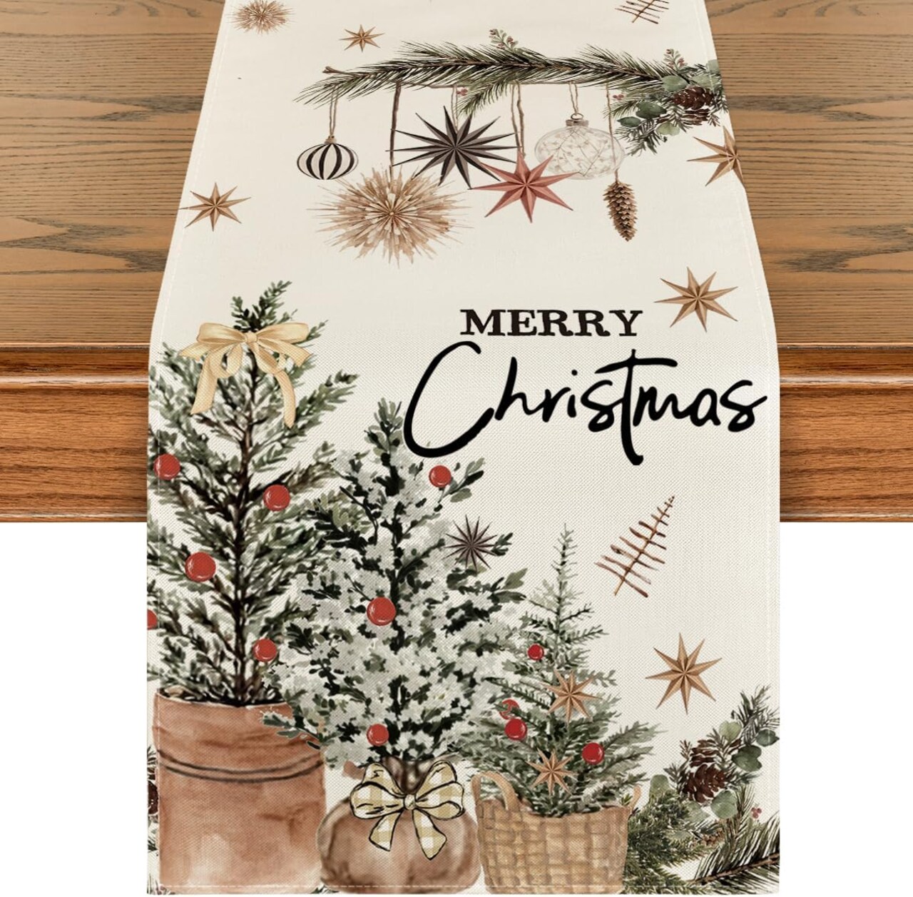 Xmas Trees Holly Pine Cone Merry Christmas Table Runner, Seasonal Winter Kitchen Dining Table Decoration for Home Party Decor 13x72 Inch